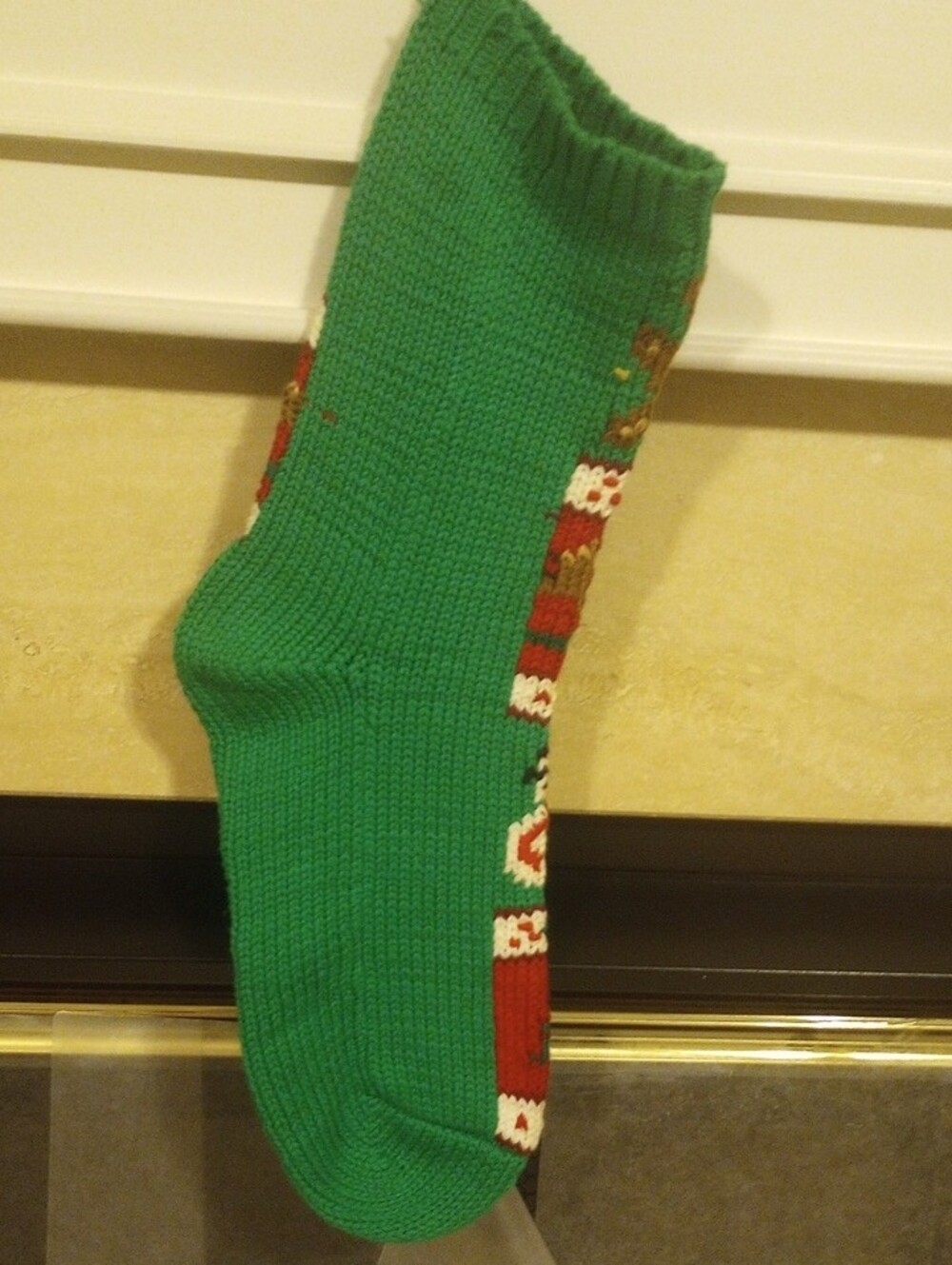 Festive Knit Christmas Stocking with Teddy & Snowman Motifs - Green/Red - Picture 5 of 5